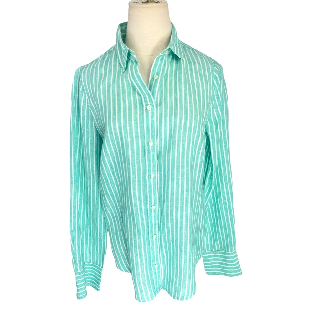 Baird McNutt For J. Crew Women's Size 6 Irish Linen Button Up Top Blue Stripe - Picture 12 of 13